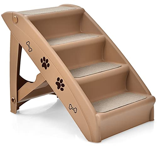 Maxmass Folding Dog Steps, Portable Pet Stairs with Non-slip Footpads, Comfortable Felt and Adorable Pattern, Access Pet Ladder Ramp for High Bed, Couch and Sofa (Coffee)