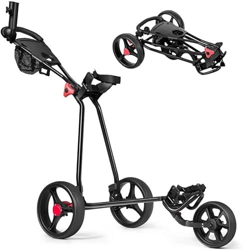 GYMAX Golf Trolley, Folding 3 Wheel Golf Push Cart with Foot Brake, Umbrella & Cup Holder, Adjustable TPR Handle and Mesh Bag, Lightweight Golf Bag Holder, Black, 134 x 60 x 119 cm (L x W x H)