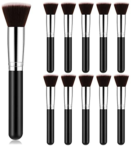 Tanlade 10 Pcs Makeup Brushes Bulk Flat Top Foundation Brush Liquid Cream Powder Foundation Contour Blush Concealer Eye Shadow Blending Liner Make up Kit for Wedding Artist(Black)