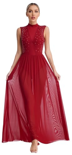 dPois Abito da Ballo Donna Lirico Contemporaneo Vestito da Balletto Ballo Latino Americano Strass Leotards con Gonna in Tulle Body da Danza Classica Moderna Dancewear Borgogna S