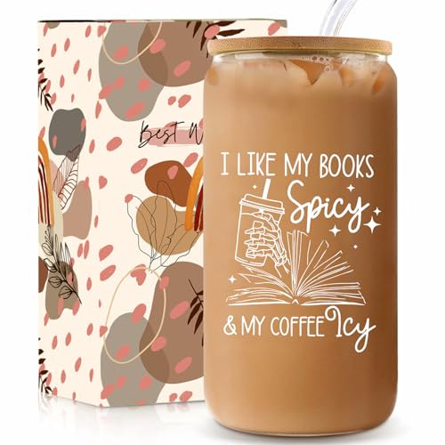 Teeglow Book Lovers Gifts Idea, 16 oz Cute Glass Cups with Lids and Straws, Bookish Present, Mothers Day Reading Gifts for Book Lovers Women, Readers, Bookworm - Coffee Tumbler, Reading Accessories