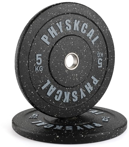 PhysKcal 5kg x 2 Olympic Bumper Plates Set, 2’’ Opening Crumb Rubber Weight Plates, Black Barbell Discs for Strength Training, Barbell Weights Set