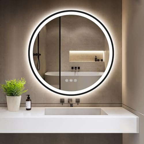 GIMBELEN LED Runder Badezimmerspiegel mit Beleuchtung, Antibeschlag, dimmbar, energiesparend, 3 Lichtfarben, Touch-Schalter und Speicherfunktion, LED Badspiegel Schwarz, 60 cm