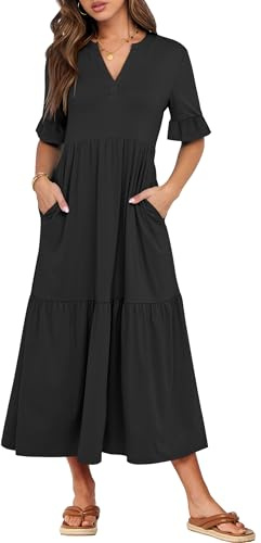 ANRABESS Womens Summer Maxi Dresses Casual Ruffle Short Sleeve V Neck Flowy Tiered 2026 Spring T Shirts Beach Boho Dress Black Large