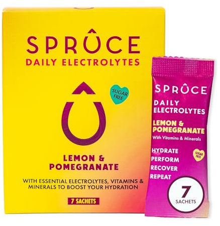 Spruce Daily Electrolytes – Zero Sugar Hydration Sachets with Potassium, Sodium, Magnesium, Vitamins & Minerals for Rehydration & Recovery – Lemon & Pomegranate – 7 Sachets