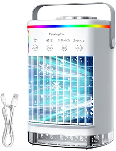 Mini climatiseur portable 4 en 1 avec 2 modes de brume, 4 vitesses d'air, 7 lumières RVB et minuterie, ventilateur de refroidissement, refroidissement à air personnel, refroidisseur d'air pour la