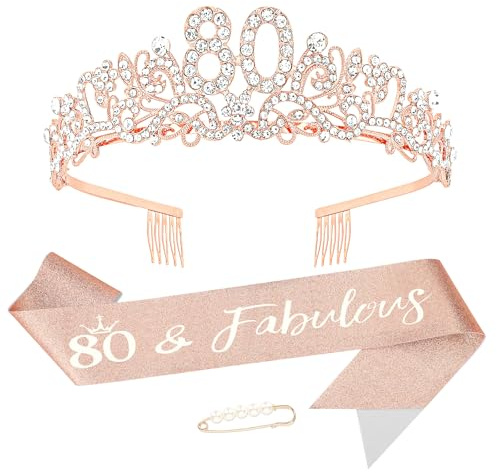 KIUEZIR Ensemble couronne et écharpe d'anniversaire en or rose – Diadème en alliage durable et fleurs en strass avec peignes antidérapants, écharpe à paillettes et épingle à perles pour décoration 80e