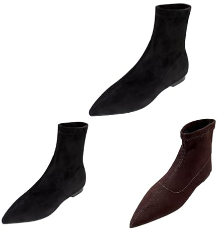 UK 6 Women's Pointed Toe Flat Ankle Boots Low Heel Mid Calf Boots Ladies Fashion Faux Suede Soft Sole Comfort Walking Shoes Retro Wide Fit Casual Slip On Shoes Black