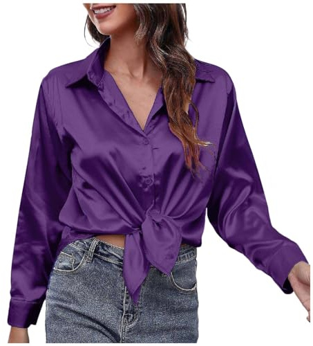 Womens Satin Blouse Silk Shirt Long Sleeve Button Down Casual Work Shirt Loose Fit Tops Elegant Longline Blouse Formal Business Shirts Classic Plain Shirts for Ladies Plus Size (Purple, S)