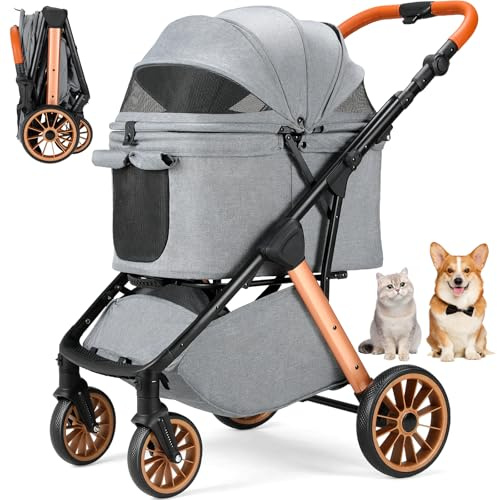 MAMIZO One-Touch Passeggino per cani, Passeggino pieghevole gatti, fino a 25 kg, Telaio Alu & acciaio carbonio,Maniglione regolabile in altezza,Portabicchieri,4 PCS ruote,per cani e gatti,Grigio scuro