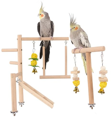Faroby Parco Giochi per Uccelli, Supporto per posatoio per Uccelli in Legno Naturale con scalette per Box Accessori per Gabbie da Masticare per conuri per Piccoli
