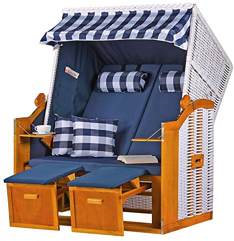 MR. DEKO Strandkorb Ostsee Volllieger Strandstuhl Gartenliege Liegestuhl PE Geflecht Weiß inkl. 4 Kissen - Strandkörbe Hartholz für Garten, Wintergarten und Terrasse (Dessin Uni Karo Blau)
