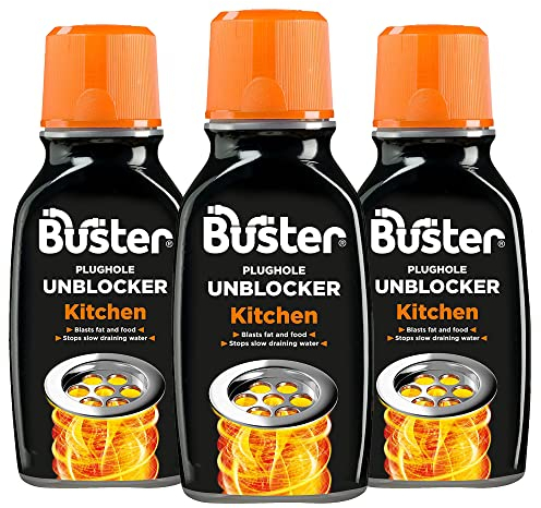 Buster Kitchen Plughole Unblocker 150g, Pack of 3 - Kitchen Drains & Sinks Unblocker, Blasts Fat & Food Debris – Fast Acting Plughole Unclogger, Clears Blockages & Slow-Draining Water