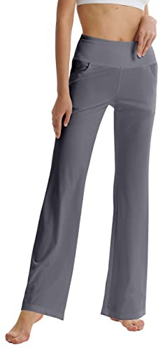 LaiEr Pantalones de Yoga de Corte de Bota para Mujer con Bolsillos de Cintura Alta Acampanados Bootleg Pantalones de Entrenamiento de Yoga con Bolsillos Laterales, Gris Claro, XL