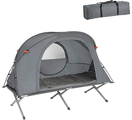 SoBuy Vikbar överlevnadstält fältsäng med tält fältsäng 4-i-1 campingset med sovsäck tält madrass och tillbehör 1 person 1 man tält utomhus ljusgrå BH ca 194 x 147 x 87 cm OGS60-HG