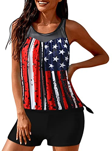 PAIDAXING Damen Tankini Set Zweiteilige Badeanzug Sporttop Sommer Gemütlich Boho Bikinis Wassersportbekleidung+Hotpants Mini Beachwear Frauen Mode Bekleidung Alltag (Red, XL)