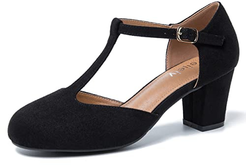 Women's T-Strap Mary Jane Pumps, Block Heel, Closed Toe, Dress Shoes with Buckle Suede Black 38 - US 7
