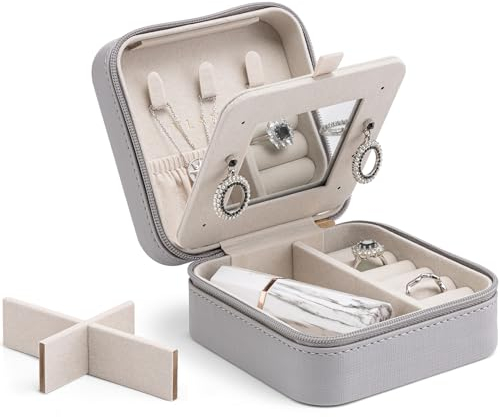 Vlando Travel Jewellery Box, Jewellery Organiser for Rings Earrings Necklace with Mirror,Teenage Girls Gifts, Small Gift, Travel Gift, Jewellery Case for Christmas,Mother's Day,Valentine's Day