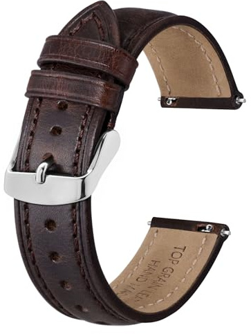 BISONSTRAP Retro Correas de Reloj de Cuero para Hombres, Correa de Repuesto de Piel de Becerro Encerada con Aceite, Liberación Rápida, 20mm, Marrón Café (Hebilla Plateada)