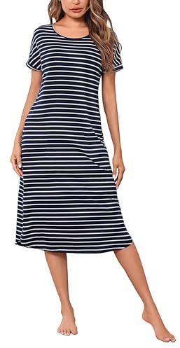 Litherday Chemise de Nuit Femme Longues Coton Robe de Nuit Col Rond Manches Courtes Nuisette avec Poches Rayé Vêtement de Nuit