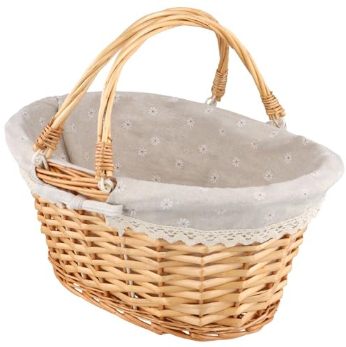 FUNSUEI Picknickkorb Weide, Weidenkorb mit Griff, Korb mit Futter, Gewebter Korb für Aufbewahrung, Dekoration, 36 x 28 x 17 cm