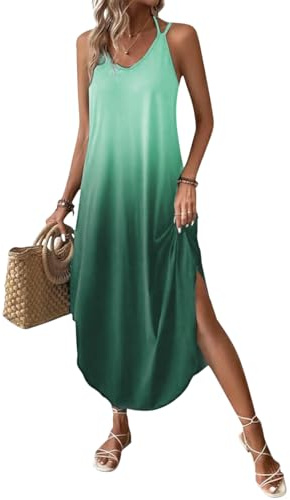 Chicrise Womens Summer Dresses V Neck Sleeveless Maxi Dresses Flowy Spaghetti Strap Dress Loose Green X Large 24-26