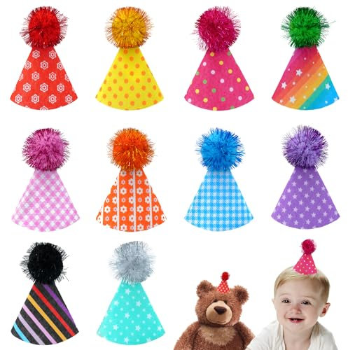 JpGdn 10Pcs Pack Mini Felt Party Hats for Dogs Cats Kids Dolls Stuffed Animals With Adjustable Headband Reusable Birthday Holiday Wedding Party Costume Accessories
