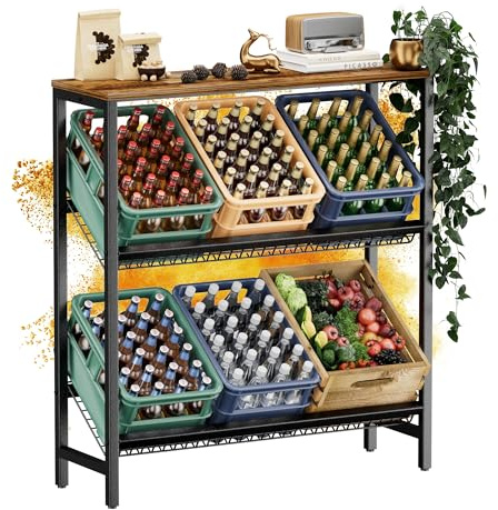 HFHOME Drinks Shelf for 6 Crates with Adjustable Grid Holder, Sturdy Metal Stand Drink Crates, Freestanding Box Stand for Kitchen, Basement, Garage, Beer Crate Shelf, Rustic Brown