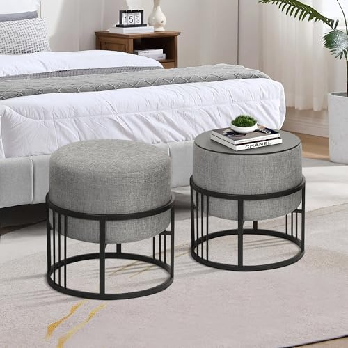 [en.casa] Lot de 2 poufs empilables avec Fonction de Table 2 in 1 Tabouret Rond Repose-Pieds Rembourré Multifonctionnel Élégant pour Salon Séjour Polyester MDF Métal 38 x 38 cm Gris Clair