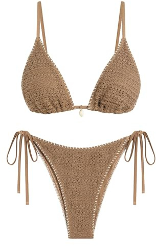 ZAFUL Women's Sexy Triangle Bikini Set Crochet Tie Side String Cheeky Swimsuit 2 Piece Bathing Suits Coffee