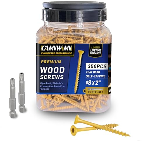 CAMNWAMN Deck Screws #8 x 2, 350 PCS, Wood Screws 2 Inch, Epoxy Coated, Rust Resistant Exterior Screws, Torx Drive Head, T25 Star Bit Included, Tan Outdoor Decking Screw for Wood Fence.