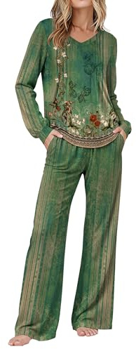 Ekouaer Women's 2 Piece Pajama Set Soft Long Sleeve Sleepwear Loungewear Pjs Sets with Pockets Retro Ethnic Pattern/Green, X-Large