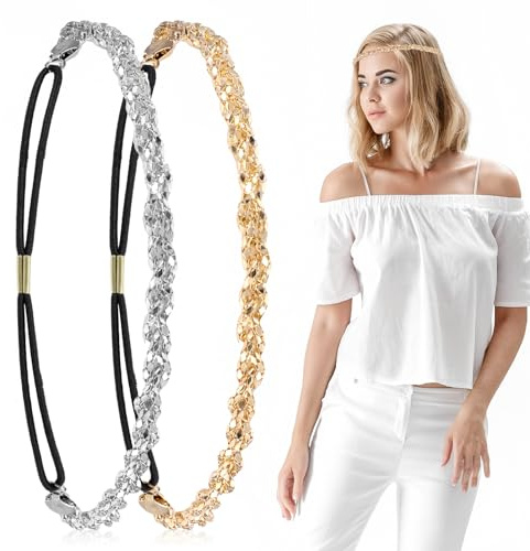 2 PCS Adjustable Silver and Gold Elastic Rhinestone headband, Rhinestone Beaded Headbands, 70s Crystal headbands, Sparkly Crystal Braid Headpiece for Woman Girls Hair Accessories