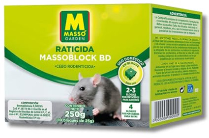 Raticida en Bloque MASSOBLOCK 250 GR MUY EFECTIVO contra Ratas y Ratón | Cebo Extrusionado Bromadiolona | Alta Resistencia a la Humedad | Veneno Eficaz contra Ratas, Ratones y Topillos | Nexum Market