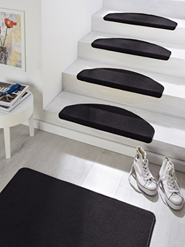 Hanse Home Stufenmatten Fancy – Treppen-Teppich Treppenmatten Selbstklebend Sicherheit Stufenteppich halbrund für Treppenstufen – Schwarz, ca. 23x65cm 15 Stück