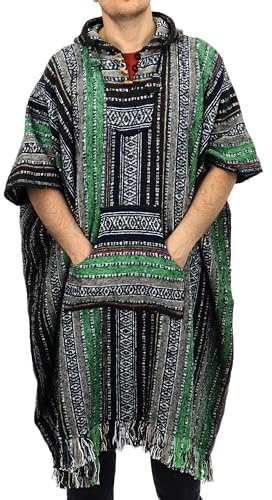 LOUDelephant Brushed Cotton Long Hooded Poncho - Green, Brown & Navy