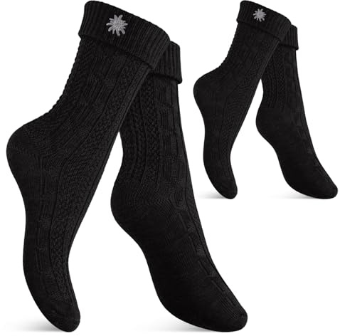 Celodoro Chaussettes traditionnelles pour femmes et hommes (lot de 2) avec épingle Edelweiss pour Oktoberfest, Noir , 35-38