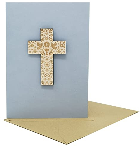 Woodland Mail Karte zur Taufe/Kommunion/Konfirmation - Taufkarte mit spezieller Holzkreuz auf der Vorderseite Konfirmation Kommunion Glückwunsch