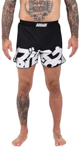 Scramble BAKA MMA Brottningsshorts – svart och vit. Träningsuniform, gymshorts för män. Träningskort kit för BJJ, boxning, Muay Thai, löpning och andra atletiska aktiviteter, Svart, S