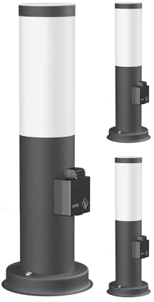 ledscom.de 3 Stück Pollerleuchte PORU mit Steckdose für außen, anthrazit, rund, 38,5cm, inkl. E27 Lampe, 471lm, extra-warmweiß