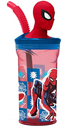 p:os 35478 - Taza para beber Spiderman para niños con pajita integrada, tapa y figura en 3D, recipiente para beber con capacidad de 360 ml aprox., ideal para bebidas frías