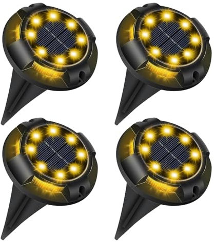EXTRASTAR Solar Ground Lights 12 LEDs, 4 Pack Disk Lights Solar Powered, IP65 Waterproof for Path Outdoor Garden - 3000K Warm Light