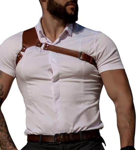 Pinwe Arnés de cuero para hombre, cinturón punk, tirantes, cadena corporal, correa de hombro, ajustable, disfraz de rave, marrón, Taille unique