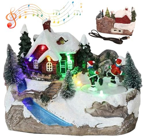 Casas de Pueblo de Navidad con música encendida casa de Navidad con Figuras giratorias y árbol de Navidad 6.3x5.5x4.1 Ornamentos navideños para decoración de Mesa de Mesa de Navidad en Interiores, al