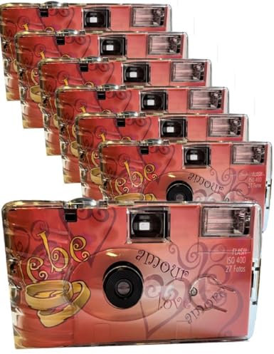 PHOTO PORST Lot de 7 appareils photo jetables Edition Amore & Liebe avec cœurs, avec flash, piles et film (lot de 7, 27 prises chacune)