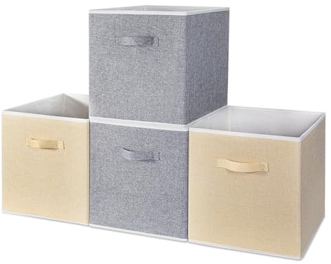 BrilliantJo Scatola portaoggetti in tessuto in set da 4 pezzi, 33 x 38 x 33 cm, pieghevole, con maniglie, sistema di organizzazione per armadio, armadietto, colore beige e grigio
