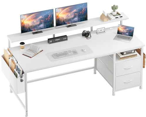 Klyvvo 140x48 cm Rettangolare Scrivania con 2 Cassetti, 1 Organizzatore Appeso, Supporto per Monitor, 3 Altezza regolabile, Gancio, Reversibile Scrivania Gaming per Lavoratori,Studiare,Gaming,Bianco