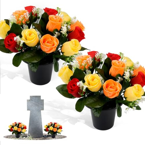 2-Pack Artificial Grave Flowers with 25cm Pots for Graveside Decoration