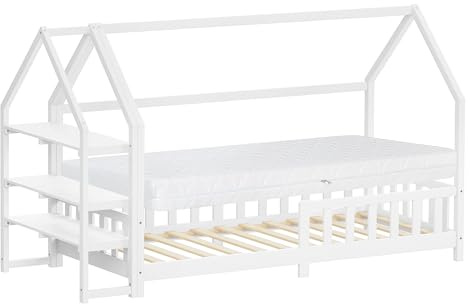 ML-Design Barnsäng 90x200cm med madrass H:16cm och fallskydd med hylla Montessori hussäng och ribbotten i furu vit låg säng för barnrum flickor pojkar trä sängram med tak ungdomssäng enkelsäng
