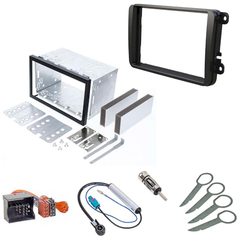 Audioproject A217 - Set di montaggio doppio DIN ISO compatibile per VW Golf 5 6 Passat Skoda Octavia Seat, mascherina radio da incasso, adattatore radio 2 adattatori antenna Fakra